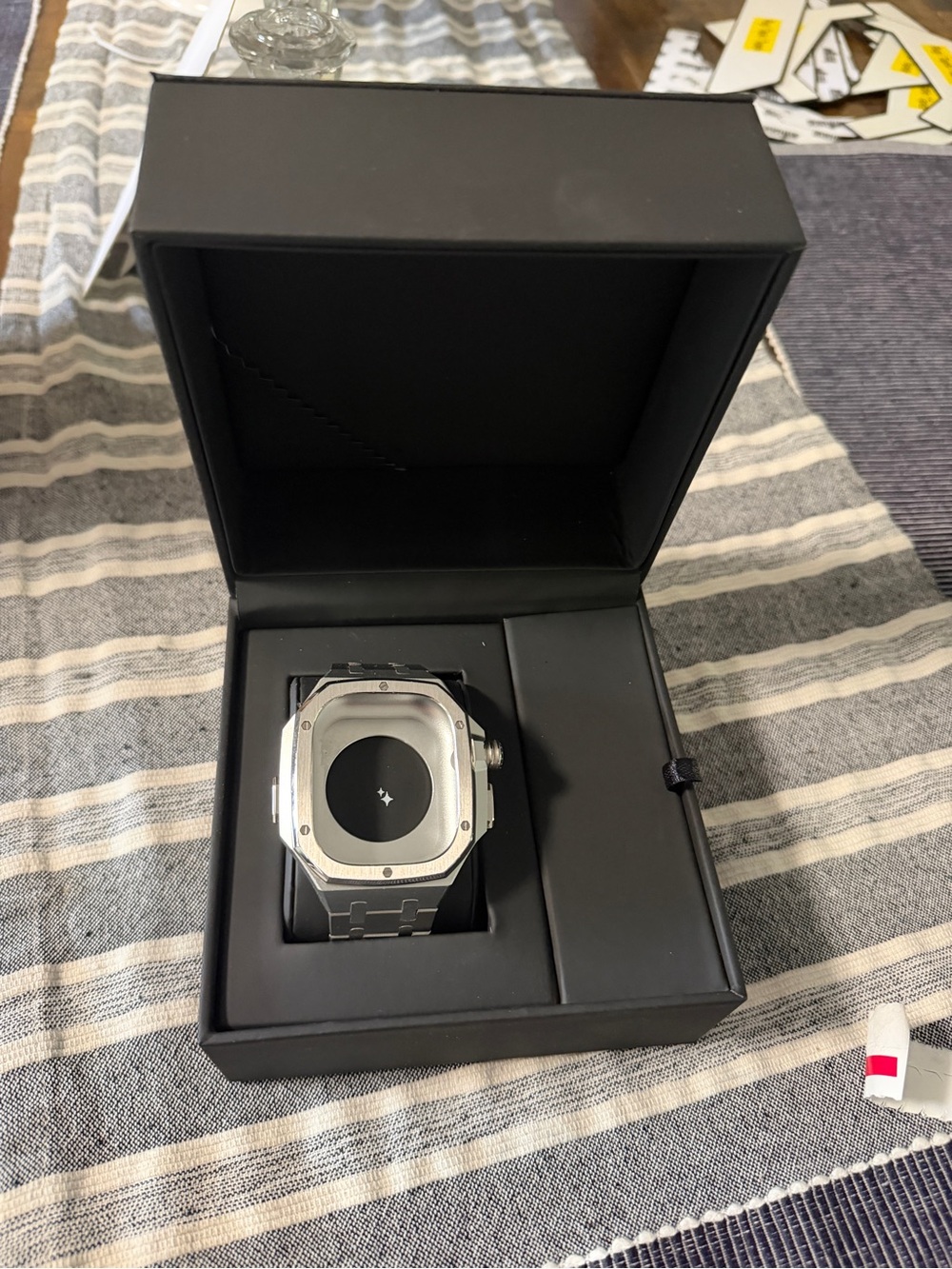 Men's Silver Smartwatch with Black Band - Stainless Octagonal Design